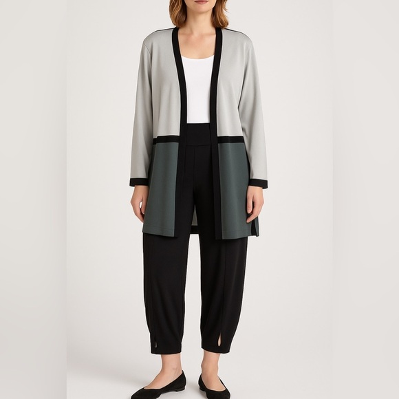 MISOOK Open Front Cardigan Long Gray Colorblock Sweater Knit Lightweight Neutral - Picture 1 of 10